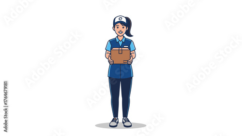A pixel art illustration of a female delivery person holding a box