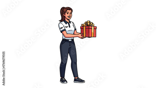 A pixel art woman in uniform holds a gift box with a gold ribbon