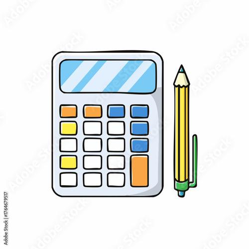 A cartoon illustration of a calculator and a pencil, depicting the tools for calculation and writing for school and office work
