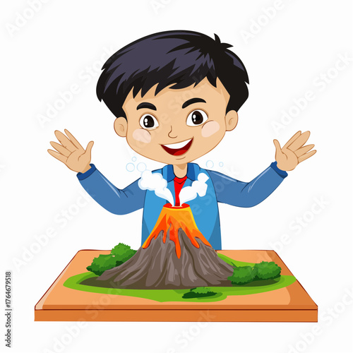 Excited young boy with his erupting volcano science project, showcasing his educational achievement