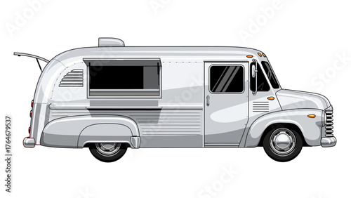 A pixelated illustration of a white retro food truck with an open serving window