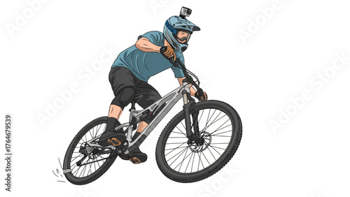 A pixelated illustration of a person riding a mountain bike with a GoPro on their helmet