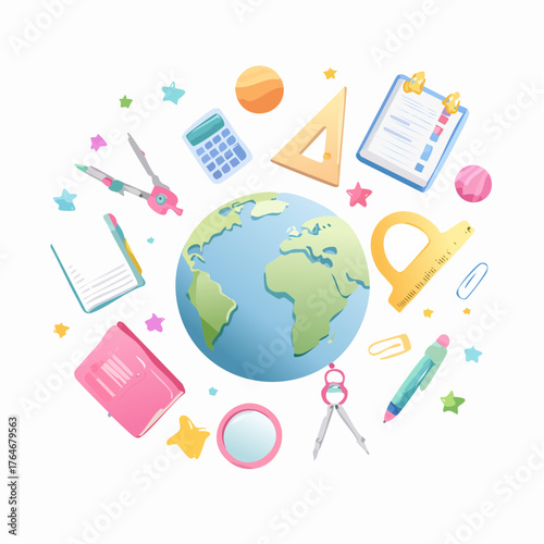 Vibrant array of school supplies, learning tools, and a world globe illustrating education, global knowledge, and academic subjects for students and learners