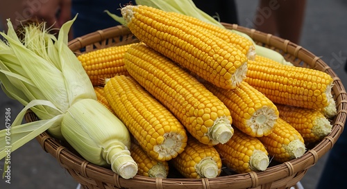 A close-up shot of golden yellow corn cobs piled in a woven basket, fresh and appealing