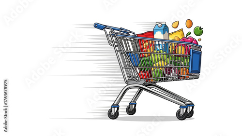 A shopping cart filled with groceries moves quickly
