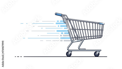 A shopping cart moving quickly depicted with motion lines