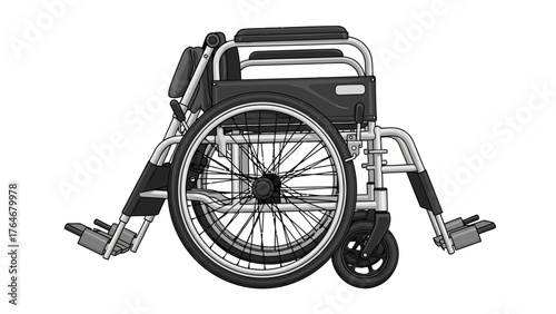 A side profile view of a foldable manual wheelchair on a white background