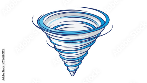 A stylized blue and white tornado spins against a white background