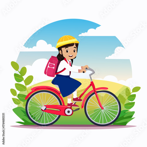 Happy schoolgirl riding a bicycle on a sunny day with backpack. Childhood activity and fun transportation concept