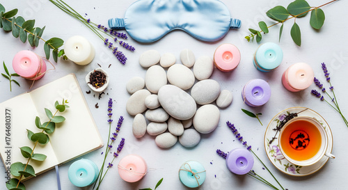 Overhead View of Spa Essentials with Lavender, Candles, and Sleep Mask on a White Wooden Table, Soothing Layout for Relaxation and Wellness
