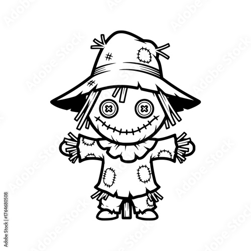 Whimsical Hand-Drawn Scarecrow Character Illustration for Autumn Harvest and Halloween Themes, Featuring a Charming Stitched Design in Black and White Outline Art