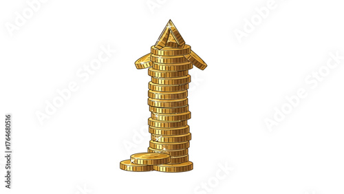 A tall stack of gold coins forming an upward arrow