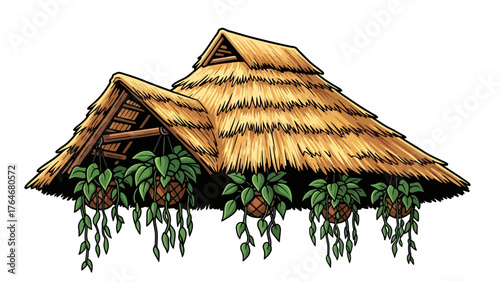 A thatchedroof structure with hanging potted plants