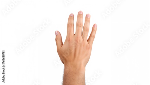 Rear view of a man's hand raised with fingers extended in a touch pose against a plain white backdrop