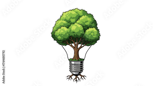 A tree grows from a lightbulb with roots extending below