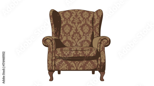 A wingback armchair upholstered in brown and beige damask fabric