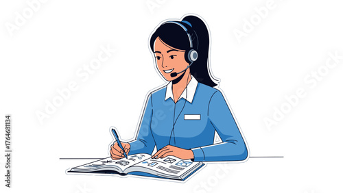 A woman in a headset writes in an open book on a desk