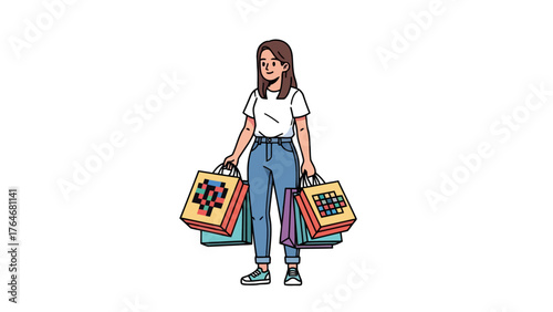 A woman in jeans and a white shirt carries several shopping bags
