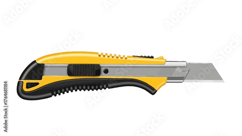 A yellow utility knife with a silver blade on a white background
