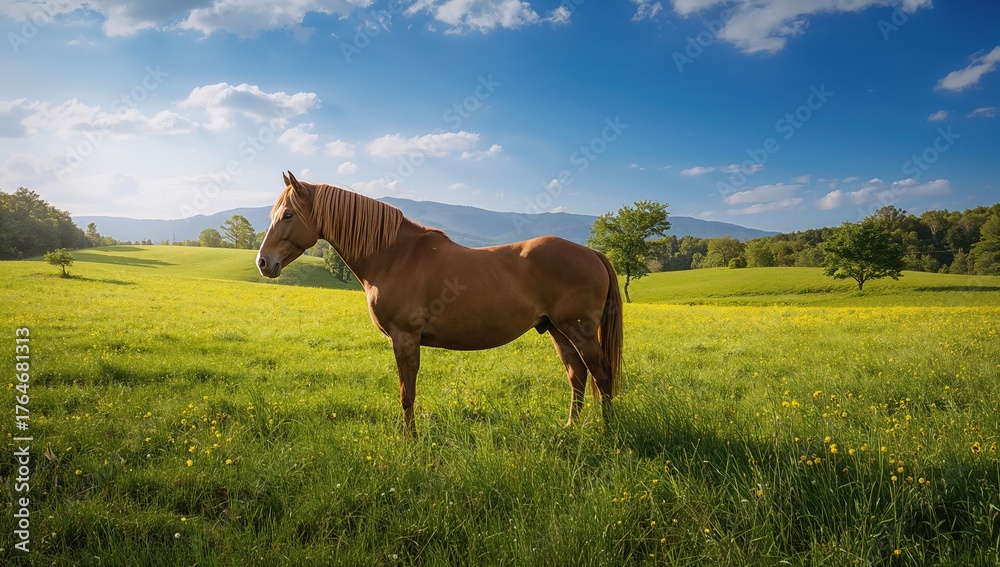 Obraz premium Equine grazing in a sunny meadow during summer