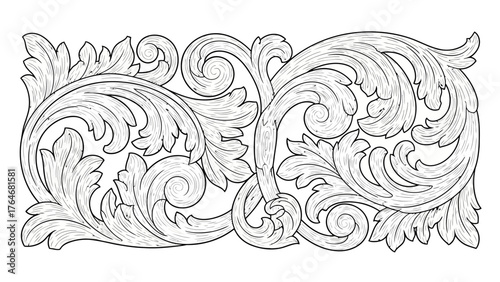 An ornate black and white illustration of swirling acanthus leaves