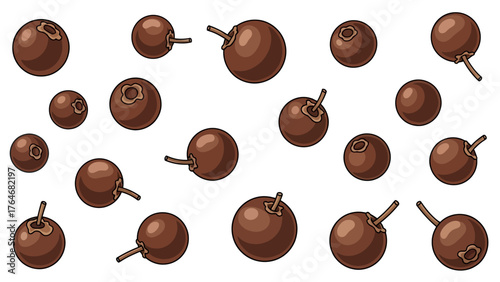 Brown peppercorns scattered on a white background