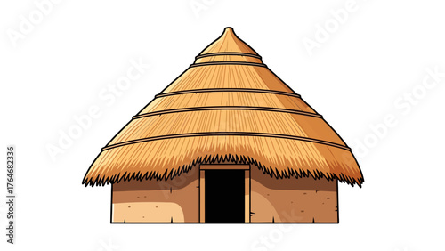 Cartoon hut with a thatched roof and brown walls