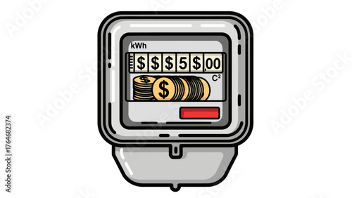 Cartoon illustration of a utility meter displaying dollar amounts and coins