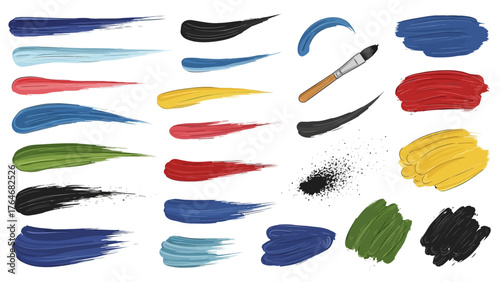 Collection of colorful paint brush strokes and splatters