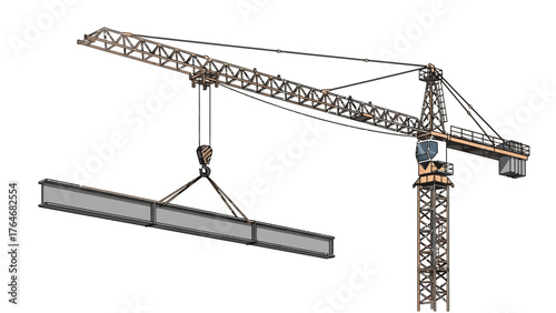 Crane lifting steel beam at construction site