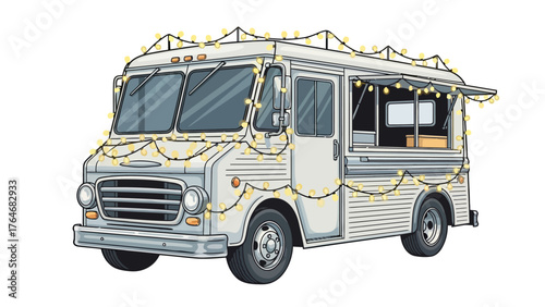 Food truck with festive string lights