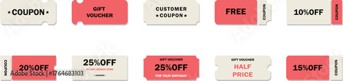 Discount offer coupon. Gift voucher or sale ticket template with 10%,15%,20%,25% and half price off. Shopping savings promotion coupons.Vector design