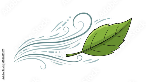 Green leaf blowing in the wind with swirling lines