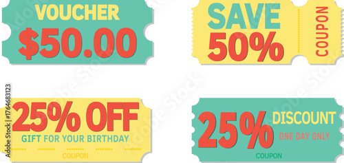 Discount offer coupon. Gift voucher or sale ticket template with ,25% and 50%, half price off. Shopping savings promotion coupons.Vector design