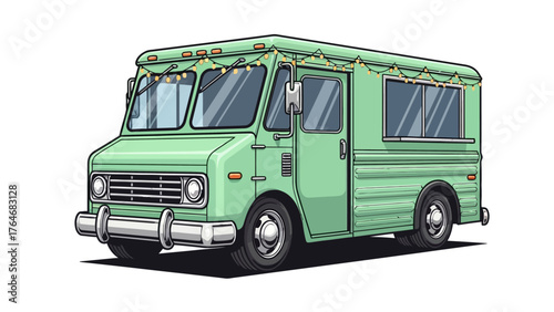 Green food truck with string lights and serving window