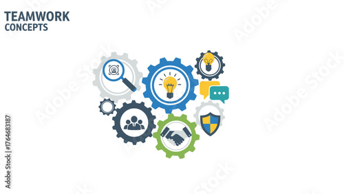 Group of gears with icons representing teamwork concepts