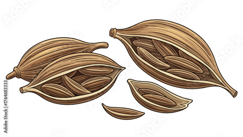 Illustration of dried cardamom pods with visible seeds