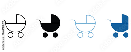 Charming baby stroller icons in diverse styles offer versatility for baby shower invites, nursery decor, and parenting resources, conveying warmth and care for new families