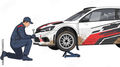 Mechanic works on a car