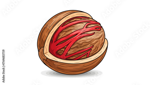 Nutmeg seed cracked open revealing intricate red aril