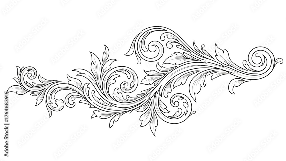Fototapeta premium Ornate black and white scrollwork with swirling leaves