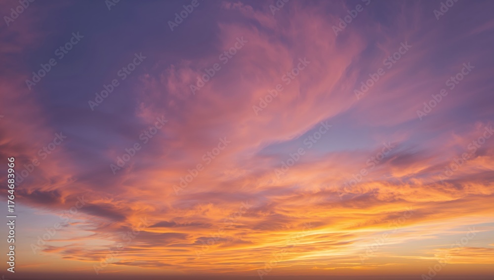Fototapeta premium Breathtaking wide-angle view of dawn or dusk with gentle, vibrant clouds. Elevated perspective of twilight and early sunlight. Scenic natural backdrop.