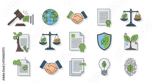 Collection of Eco-Friendly Business and Legal Icons.