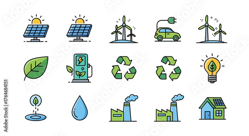 Collection of Eco-Friendly Renewable Energy and Sustainability Icons.