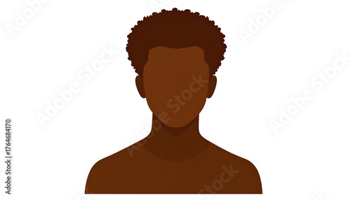 A faceless dark-skinned person with an afro hairstyle is centered on a black background