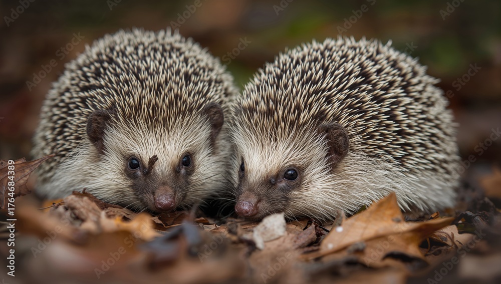 Fototapeta premium Autumnal wild hedgehogs observed freely roaming, captured from a concealed wildlife shelter to assess their population and well-being