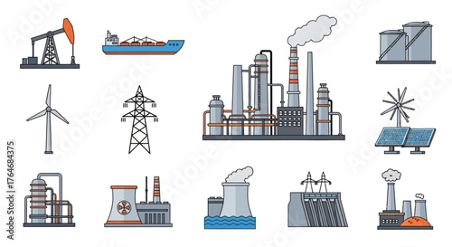 Collection of Energy Production Icons - Oil Derrick, Ship, Wind Turbine, Power Plant, Solar Panels.