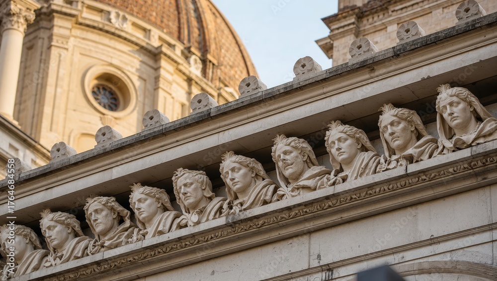Obraz premium Head portrait sculptures adorning the cathedral beneath the cornice