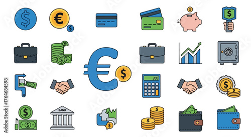 Collection of Financial and Business Icons Representing Money and Transactions.