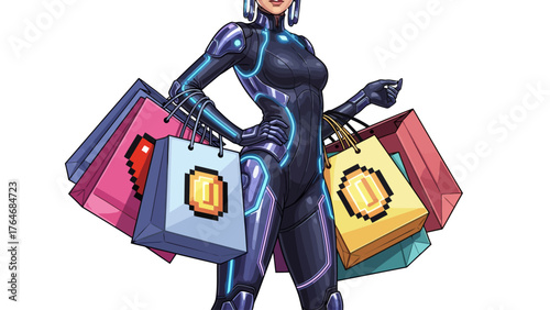 Pixel art of a woman in a futuristic suit holding shopping bags